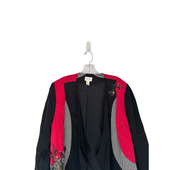 Chico's Blazer Black Red Art To Wear Mixed Media Sequin Open Front Relaxed XL - Picture 3 of 11